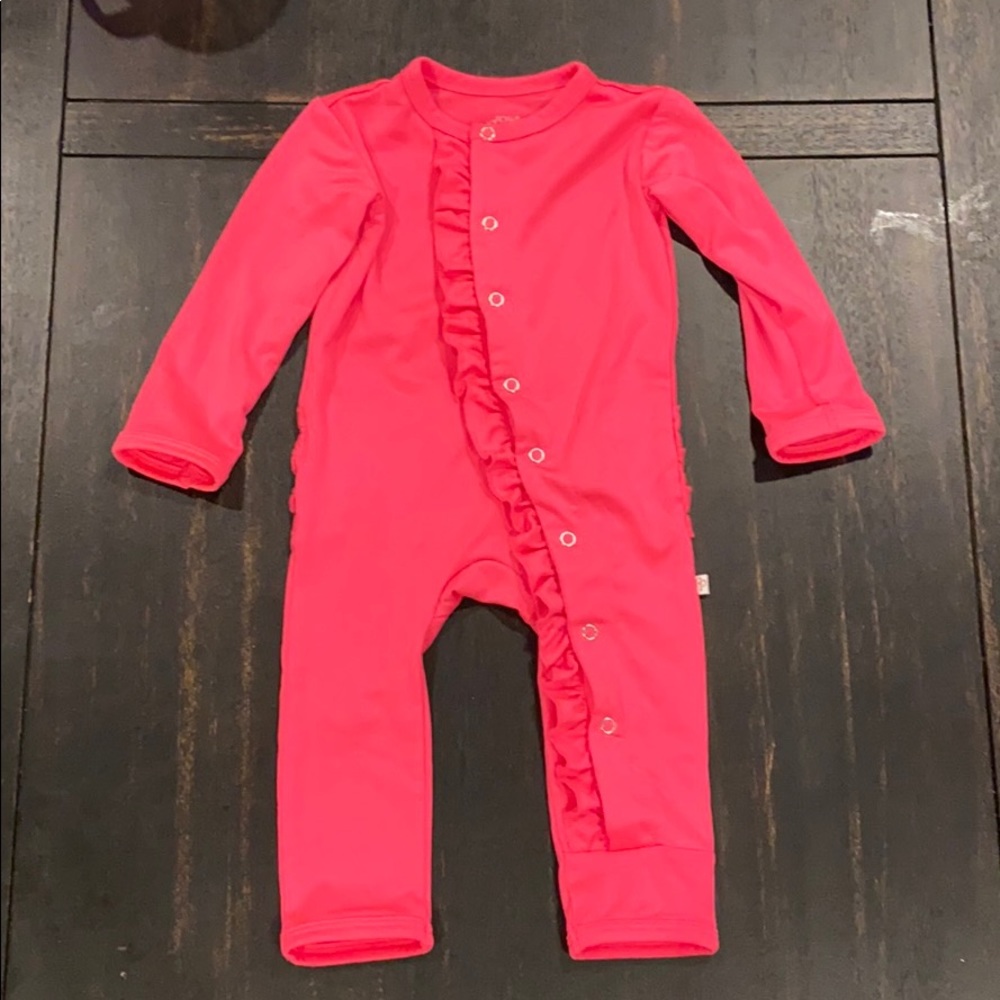 Posh peanut Neon pink ruffled snap romper
